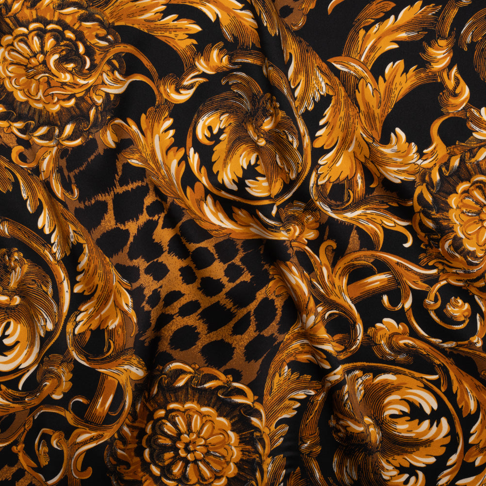 Silk Charmeuse Print - Black and Gold Floral Ornaments and Animal Spots - Made in Italy