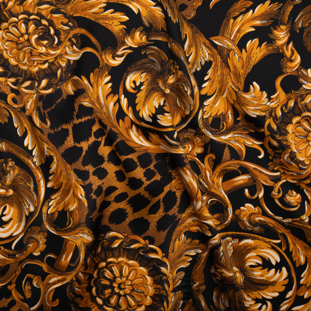Silk Charmeuse Print - Black and Gold Floral Ornaments and Animal Spots - Made in Italy