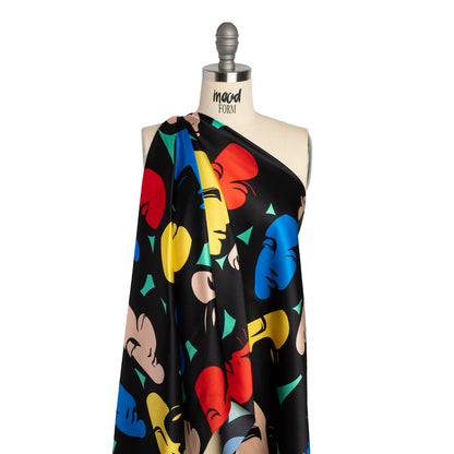 Silk Charmeuse Print - Black, Beige, and Primary Color Faces - Made in Italy