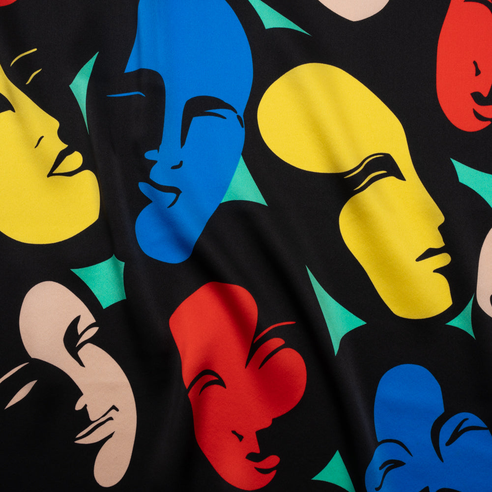 Silk Charmeuse Print - Black, Beige, and Primary Color Faces - Made in Italy