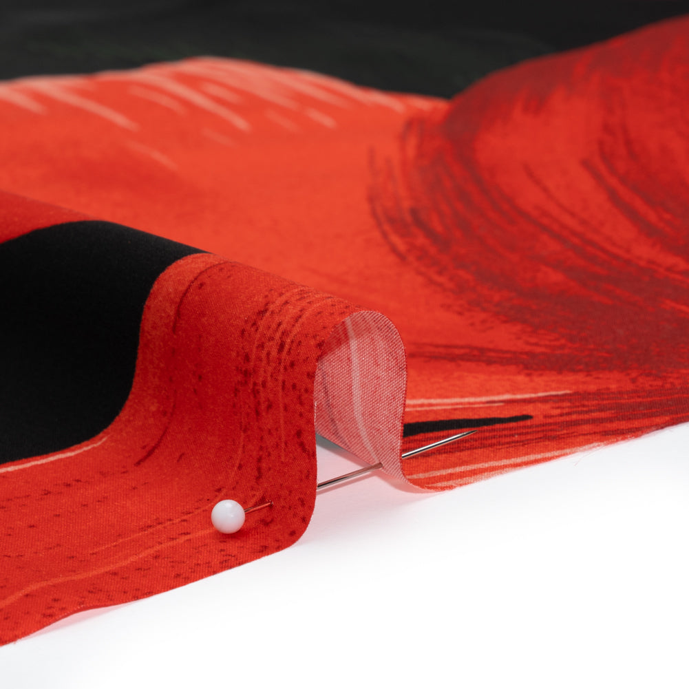 Silk Charmeuse Print - Black, Red and Green Big Poppies - Made in Italy