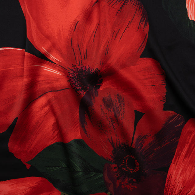Silk Charmeuse Print - Black, Red and Green Big Poppies - Made in Italy