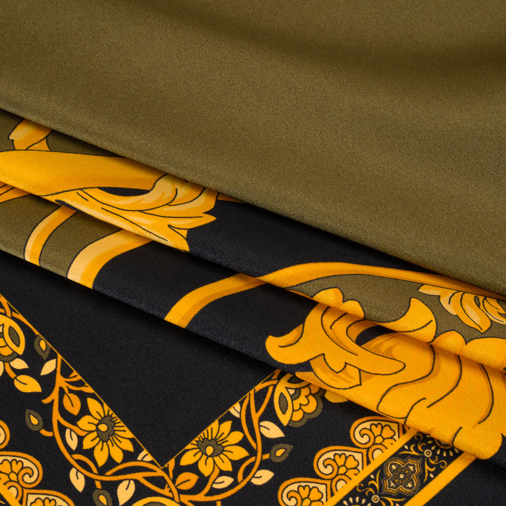 Silk Charmeuse Panel Print - Black, Olive Green and Gold Ornate Florals - Made in Italy