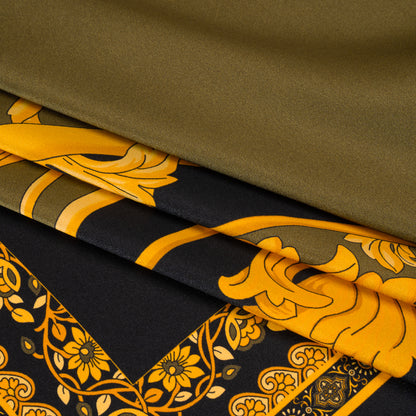 Silk Charmeuse Panel Print - Black, Olive Green and Gold Ornate Florals - Made in Italy