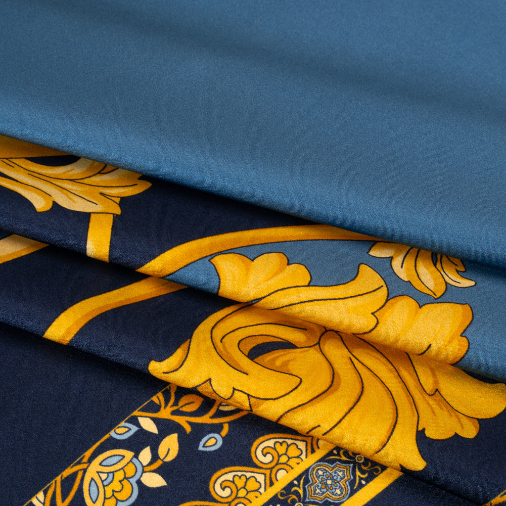 Silk Charmeuse Panel Print - Navy, Country Blue and Gold Ornate Florals - Made in Italy - Folded