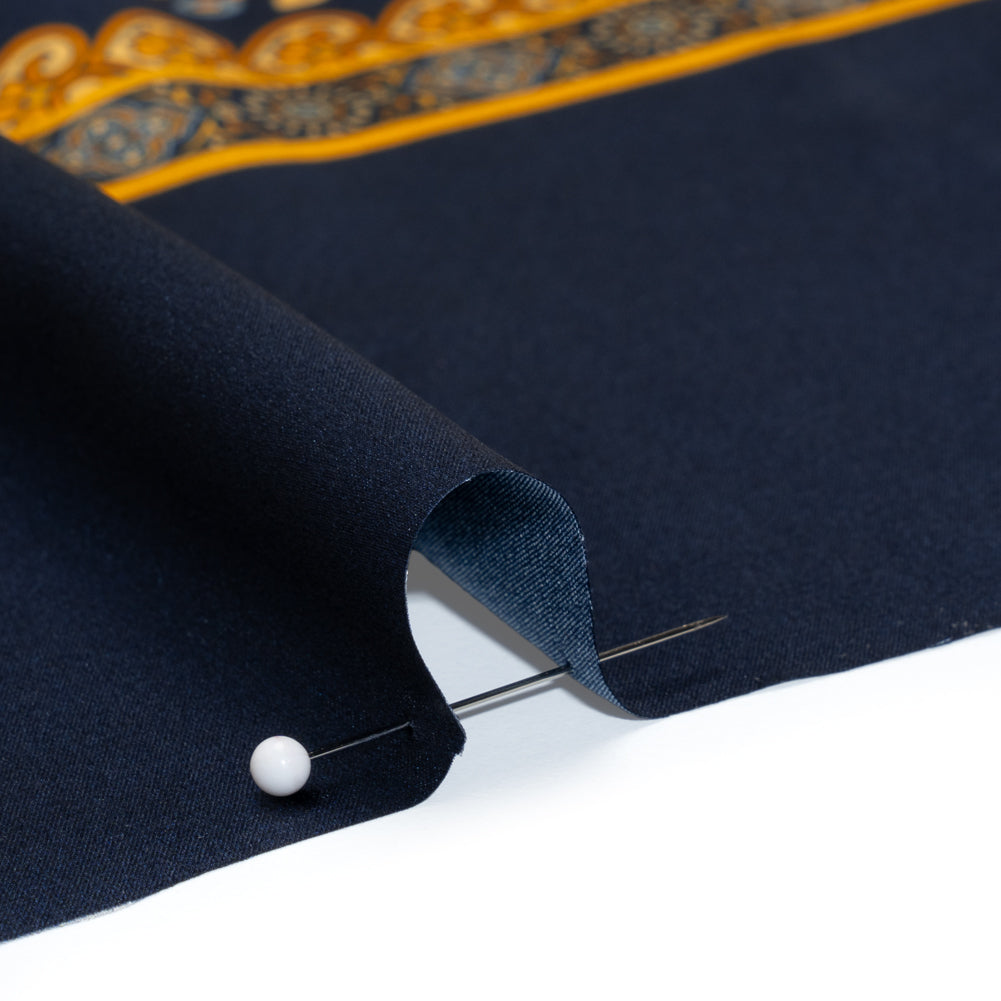 Silk Charmeuse Panel Print - Navy, Country Blue and Gold Ornate Florals - Made in Italy - Detail
