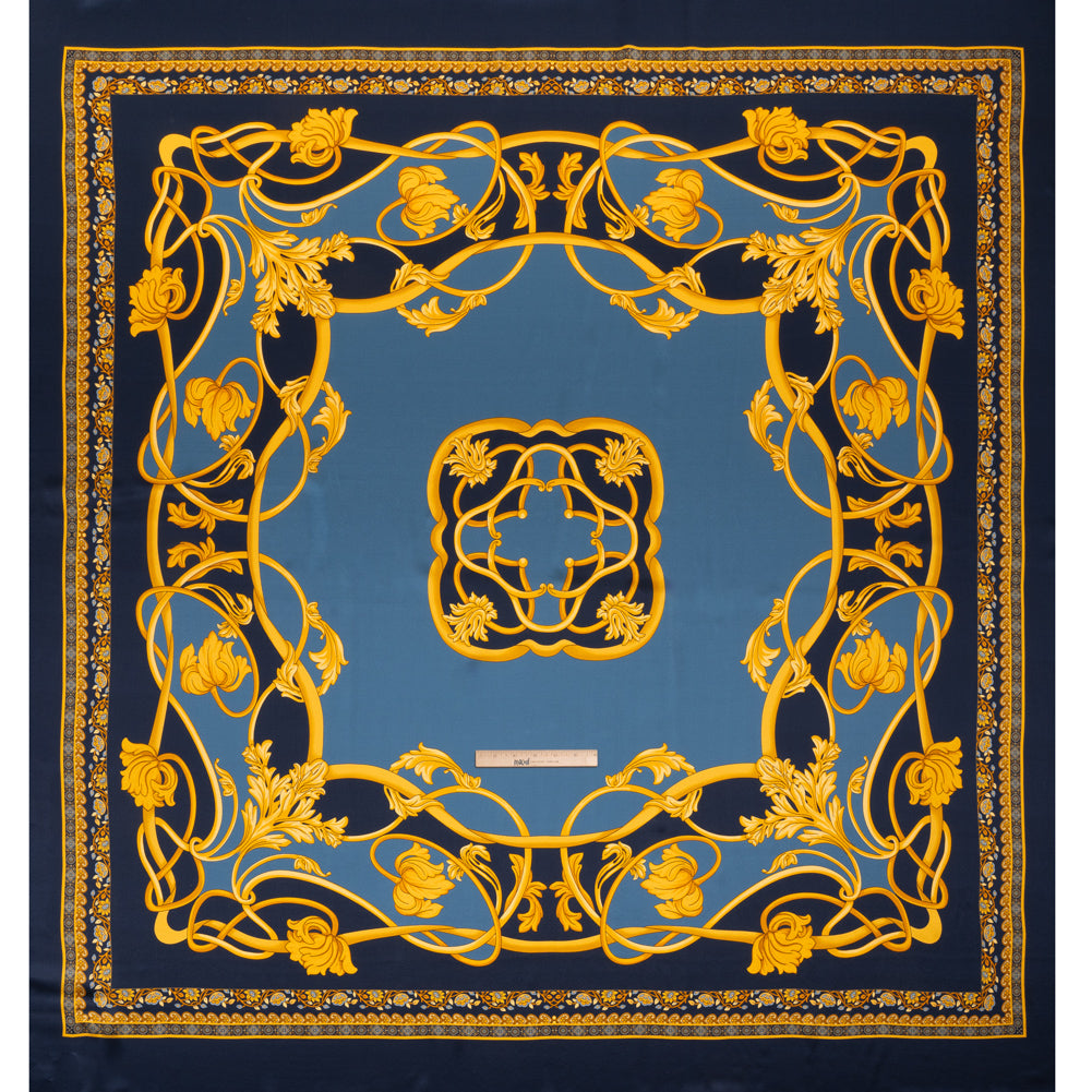Silk Charmeuse Panel Print - Navy, Country Blue and Gold Ornate Florals - Made in Italy - Full
