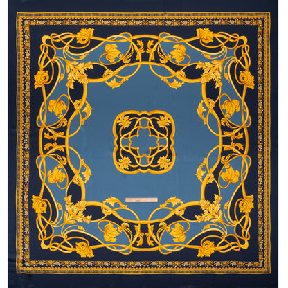 Silk Charmeuse Panel Print - Navy, Country Blue and Gold Ornate Florals - Made in Italy
