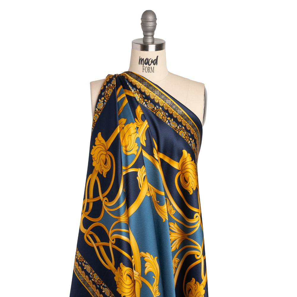 Silk Charmeuse Panel Print - Navy, Country Blue and Gold Ornate Florals - Made in Italy - Drape