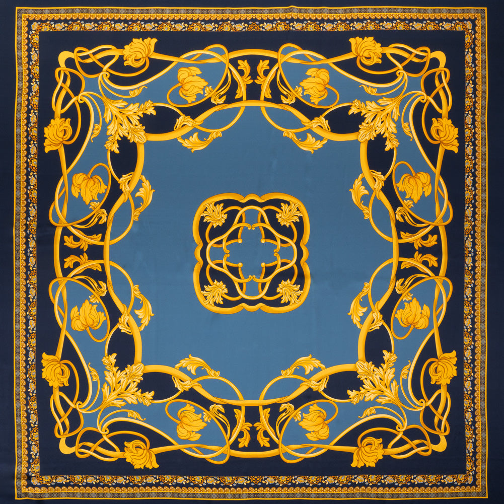 Silk Charmeuse Panel Print - Navy, Country Blue and Gold Ornate Florals - Made in Italy