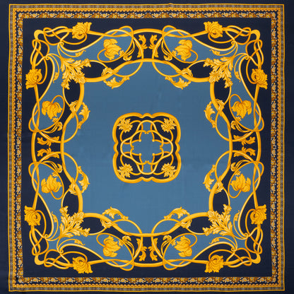 Silk Charmeuse Panel Print - Navy, Country Blue and Gold Ornate Florals - Made in Italy