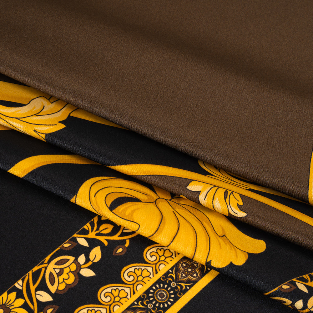 Silk Charmeuse Panel Print - Black, Brown and Gold Ornate Florals - Made in Italy