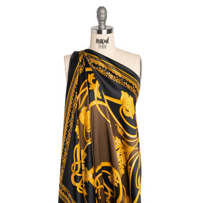 Silk Charmeuse Panel Print - Black, Brown and Gold Ornate Florals - Made in Italy