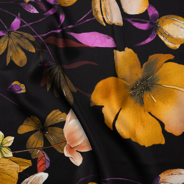 Silk Charmeuse Print - Black, Purple and Yellow Ochre Floral- Made in Italy