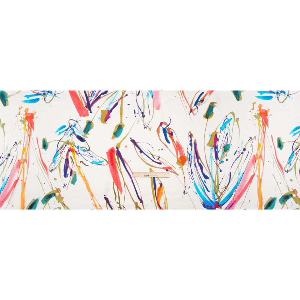 Silk Charmeuse Print - White and Rainbow Paint Streaks and Splatters - Made in Italy - Full