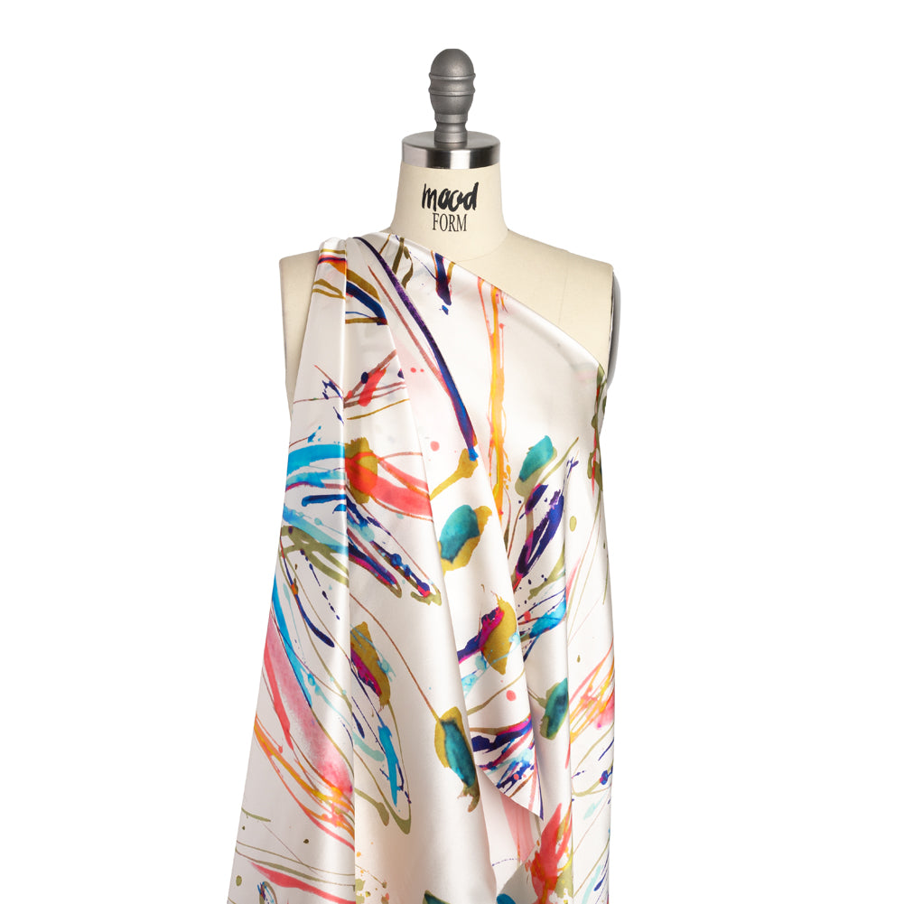 Silk Charmeuse Print - White and Rainbow Paint Streaks and Splatters - Made in Italy - Drape
