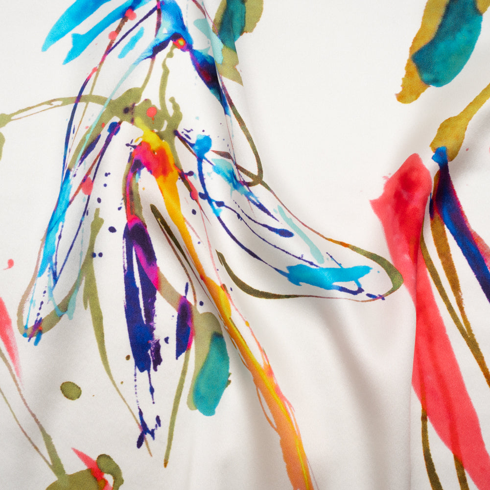 Silk Charmeuse Print - White and Rainbow Paint Streaks and Splatters - Made in Italy