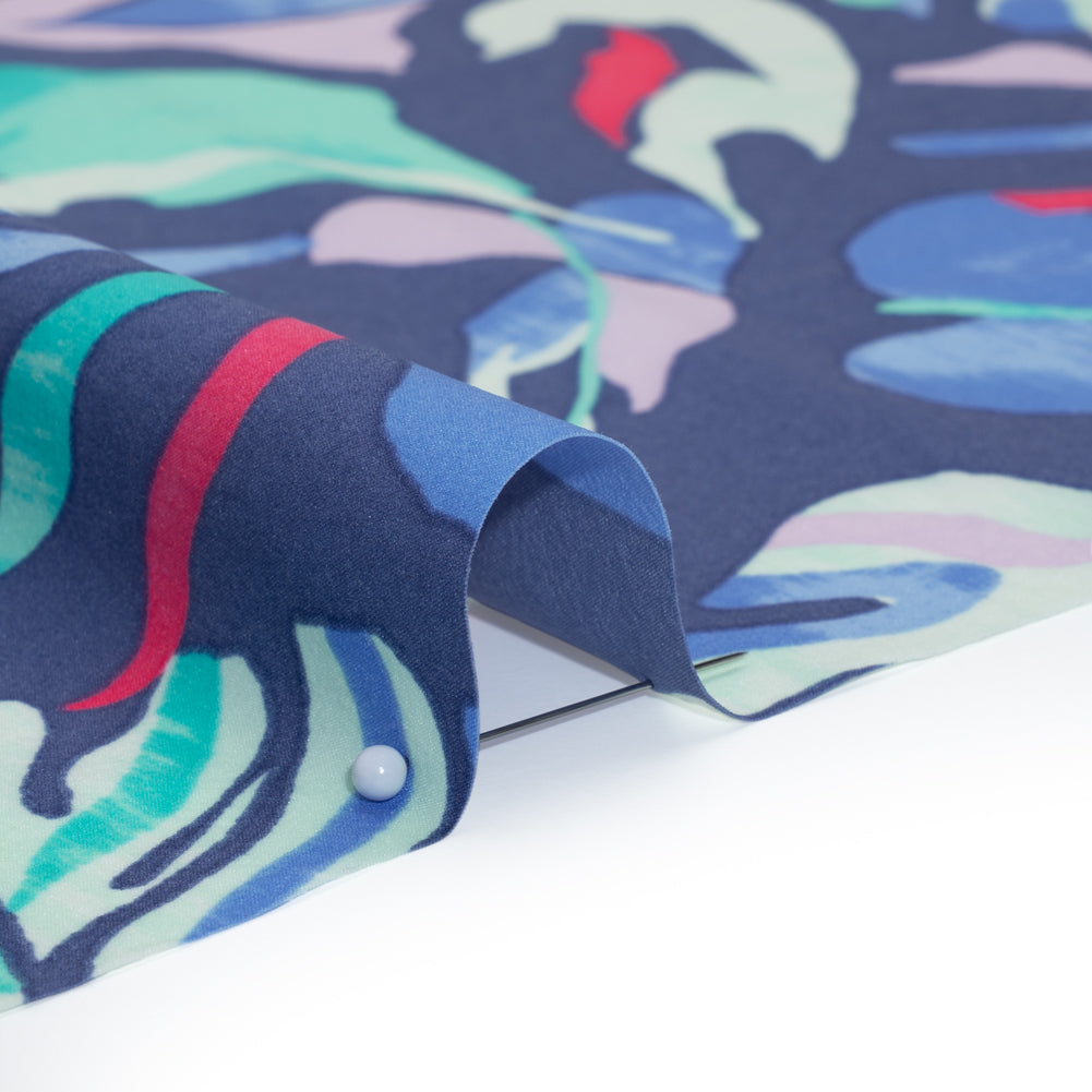 Stretch Nylon Crepe Print - Blue, Teal and Hot Pink Tropical Leaves - Deadstock - Detail