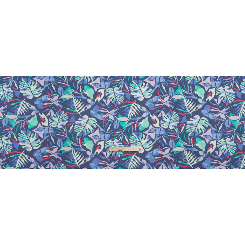Stretch Nylon Crepe Print - Blue, Teal and Hot Pink Tropical Leaves - Deadstock - Full