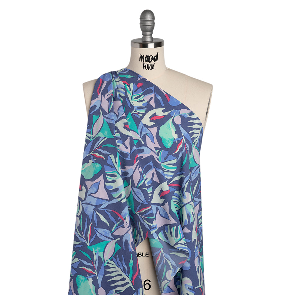 Stretch Nylon Crepe Print - Blue, Teal and Hot Pink Tropical Leaves - Deadstock - Drape