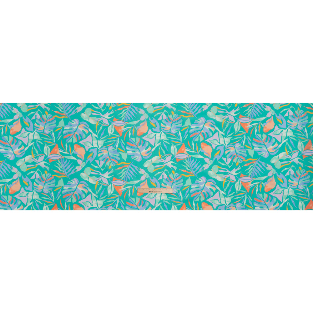 Stretch Nylon Crepe Print - Bright Teal, Periwinkle and Orange Tropical Leaves - Deadstock - Full