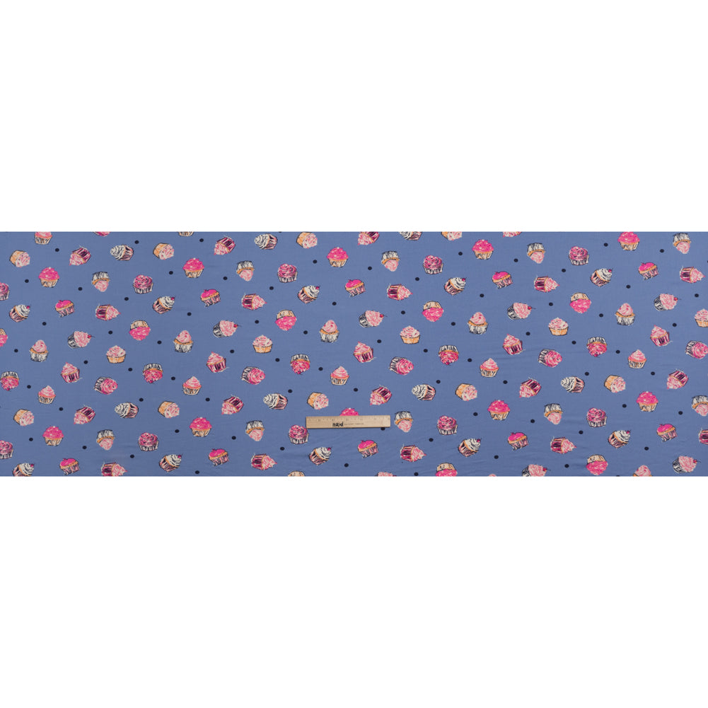 Stretch Polyester Jersey Print - Country Blue, Pink and Navy Cupcakes and Polka Dots - Deadstock