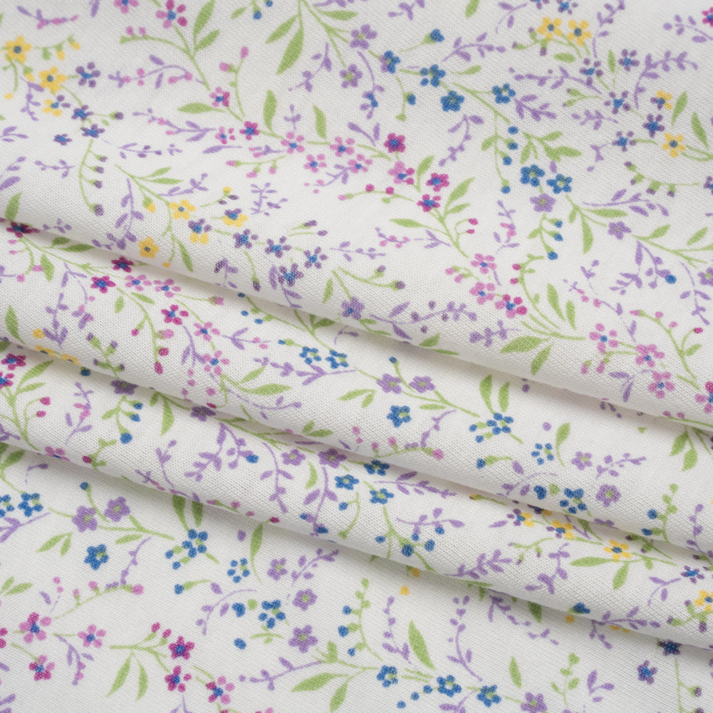 Cotton and Rayon Jersey Print - Purple, Blue and Green Little Floral Vines on White - Deadstock - Folded