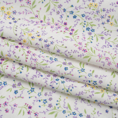 Cotton and Rayon Jersey Print - Purple, Blue and Green Little Floral Vines on White - Deadstock