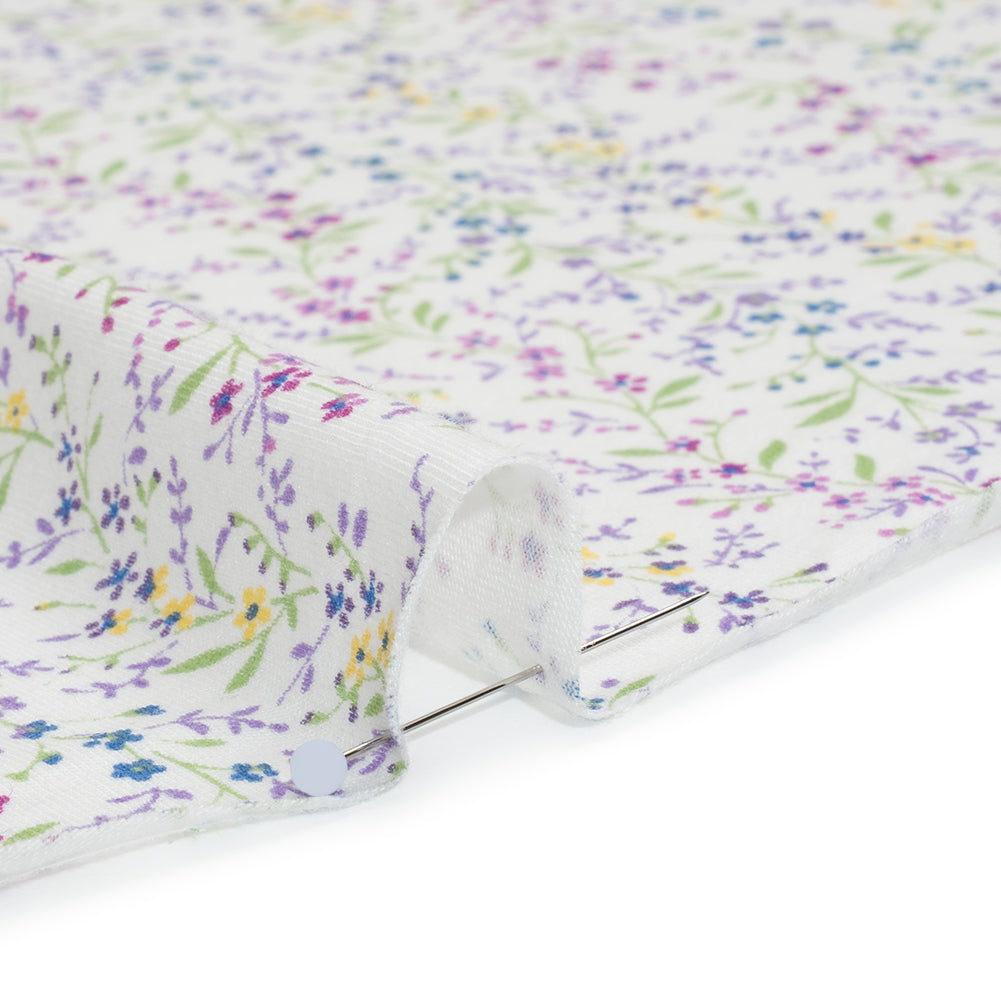 Cotton and Rayon Jersey Print - Purple, Blue and Green Little Floral Vines on White - Deadstock - Detail