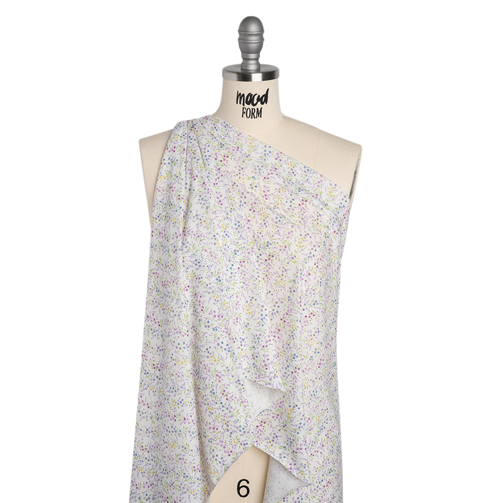 Cotton and Rayon Jersey Print - Purple, Blue and Green Little Floral Vines on White - Deadstock - Drape