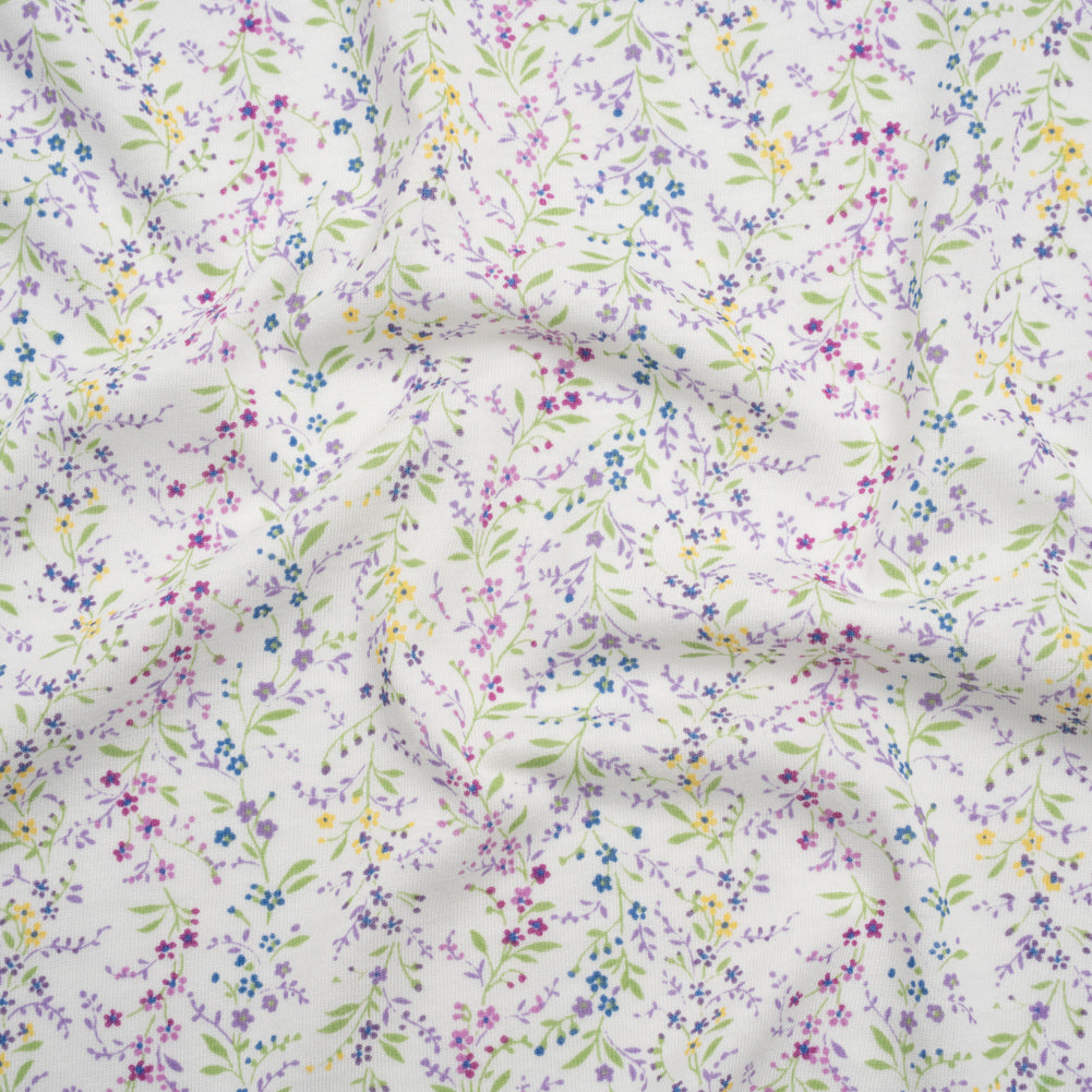 Cotton and Rayon Jersey Print - Purple, Blue and Green Little Floral Vines on White - Deadstock