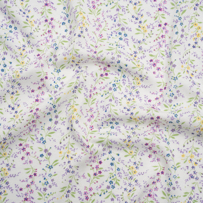 Cotton and Rayon Jersey Print - Purple, Blue and Green Little Floral Vines on White - Deadstock