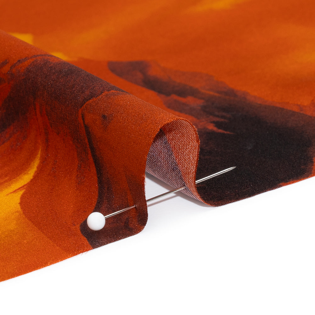 Silk Charmeuse Print 16MM, Made in Italy - Dark Orange, Golden Yellow and Russet Brown Painterly Flowers - Detail