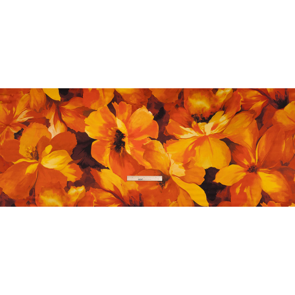 Silk Charmeuse Print 16MM, Made in Italy - Dark Orange, Golden Yellow and Russet Brown Painterly Flowers - Full