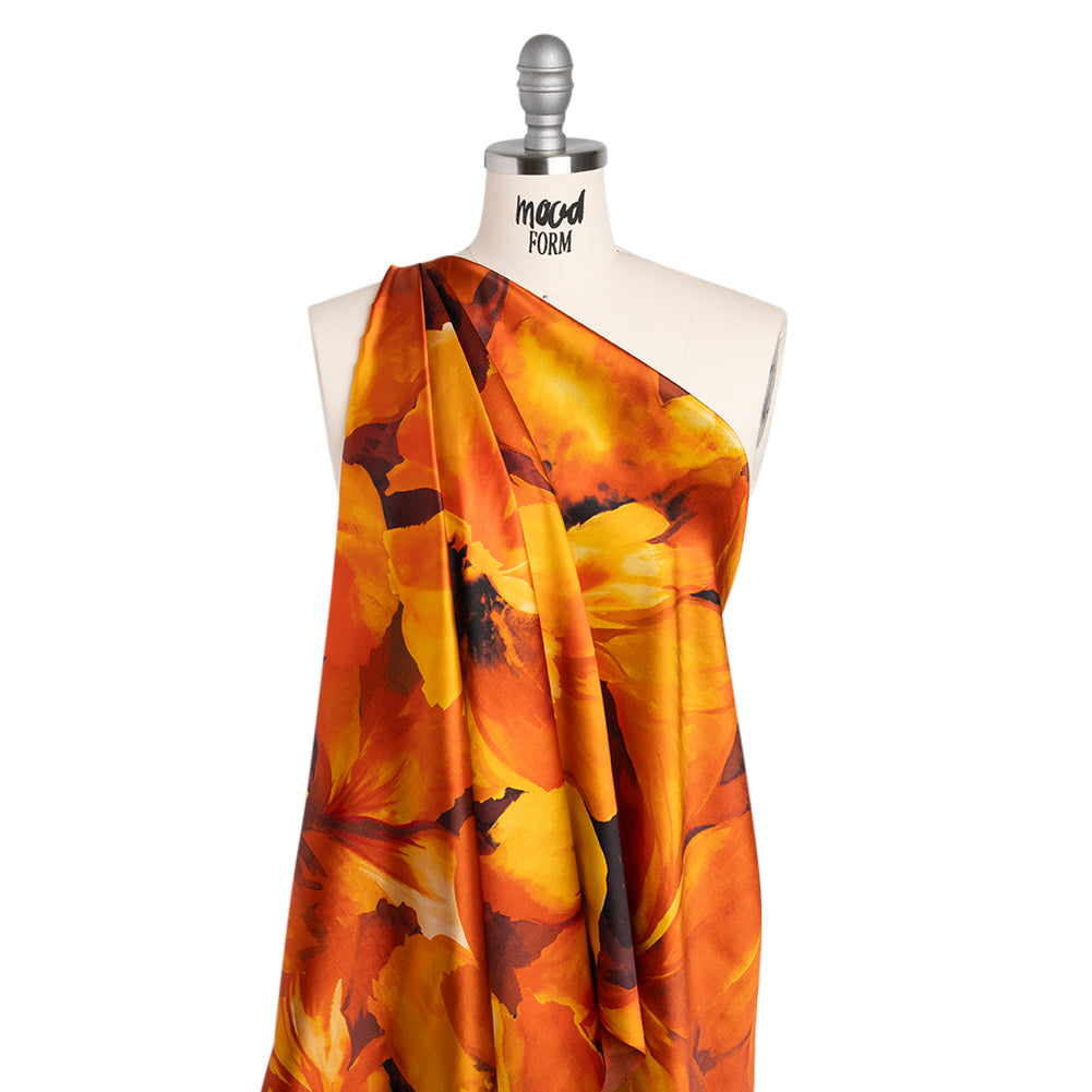 Silk Charmeuse Print 16MM, Made in Italy - Dark Orange, Golden Yellow and Russet Brown Painterly Flowers - Drape