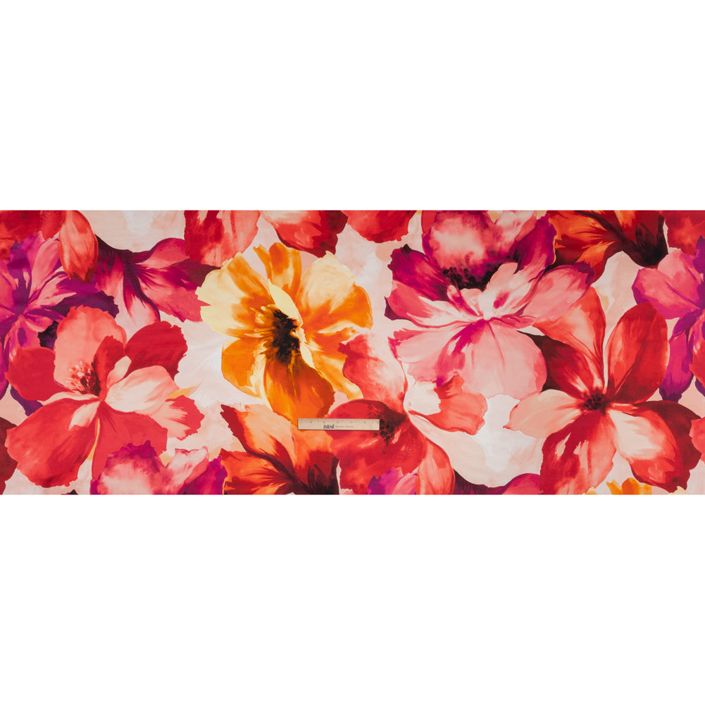 Silk Charmeuse Print 16MM, Made in Italy - Red, Pink and Fuchsia Purple Painterly Flowers