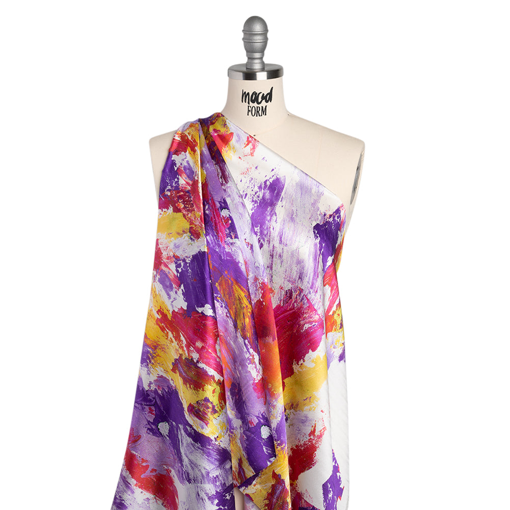 Silk Charmeuse Print 16MM, Made in Italy - Purple, Hot Pink and Yellow Abstract Brushstrokes - Drape