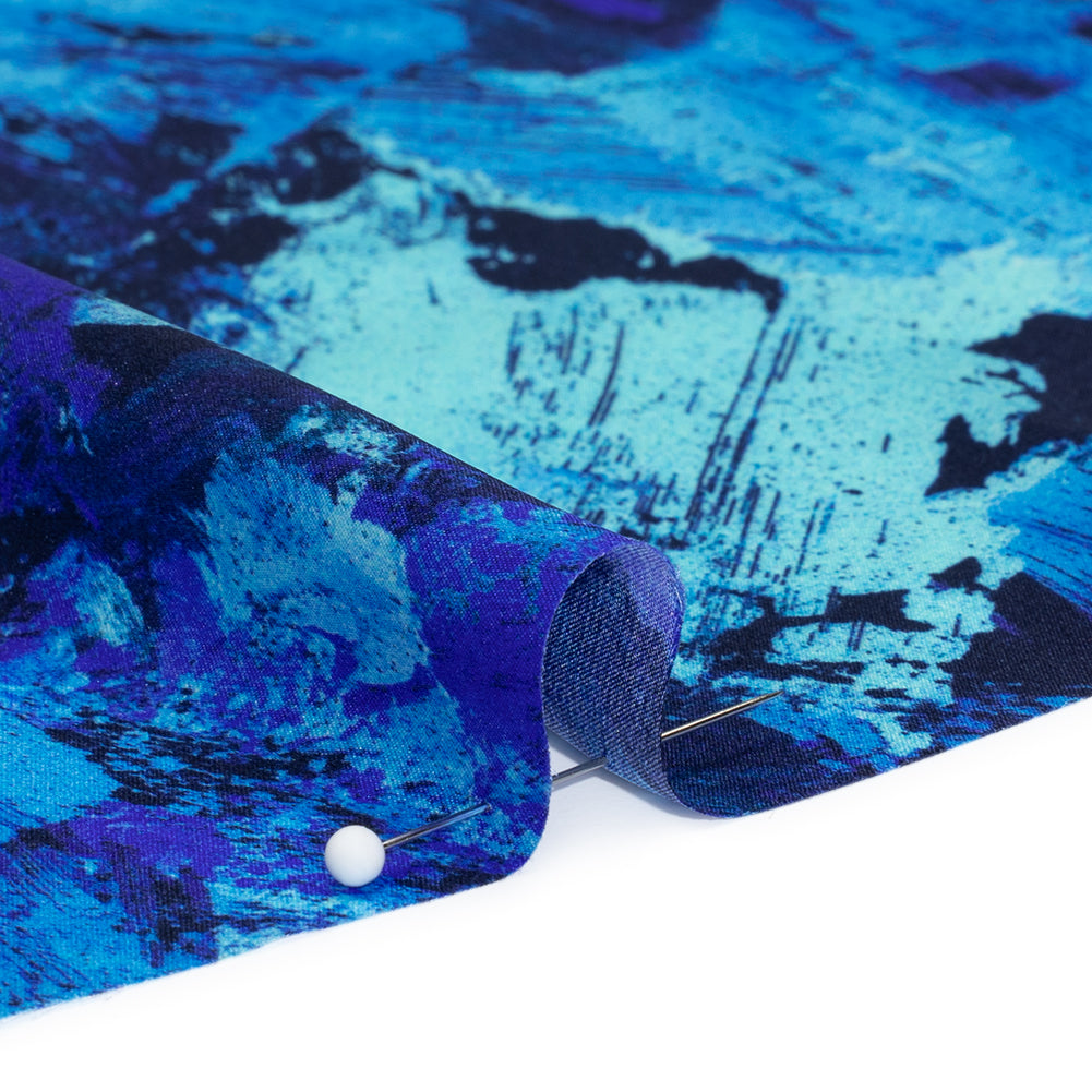 Silk Charmeuse Print 16MM, Made in Italy - Cobalt, Sky Blue and Teal Abstract Brushstrokes - Detail
