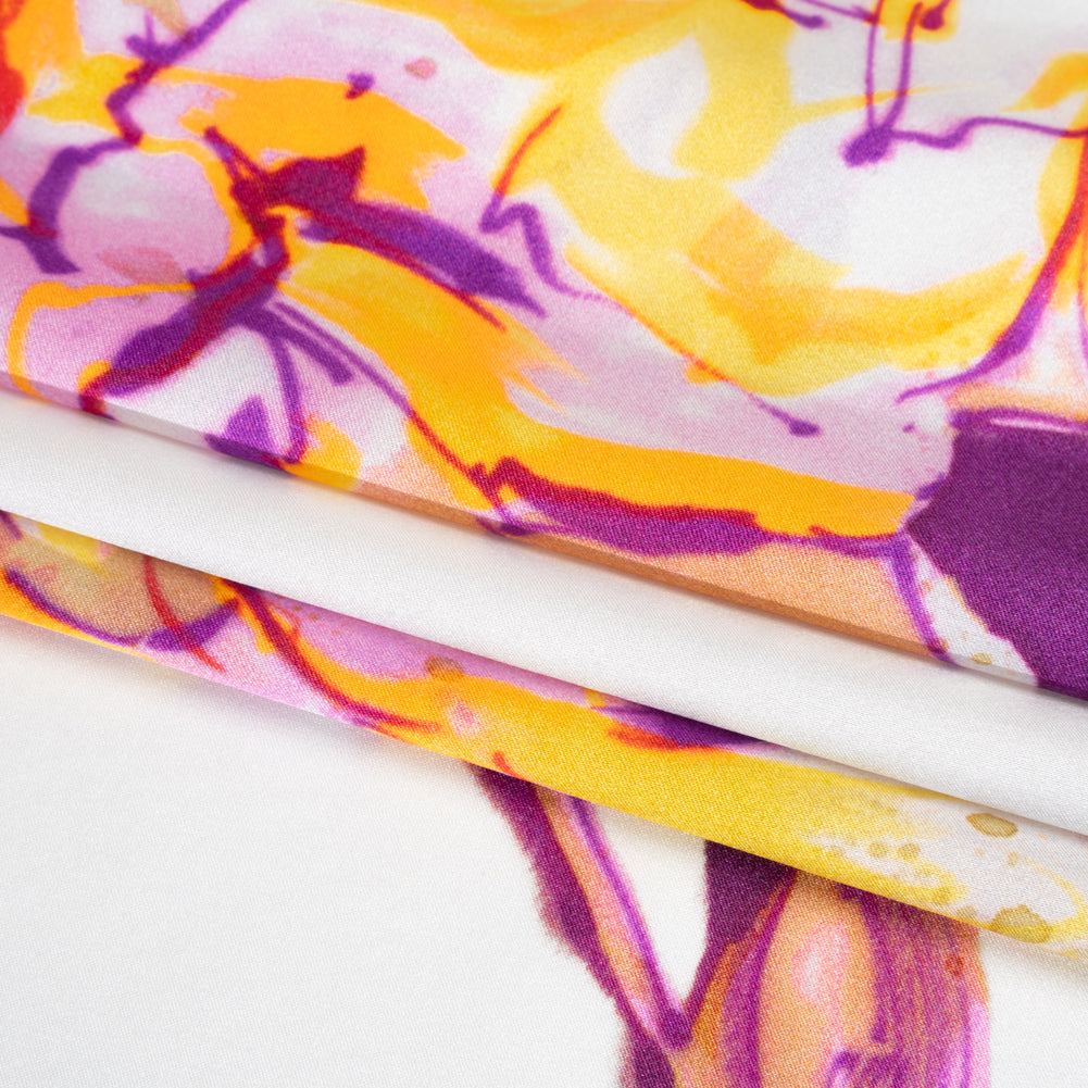 Silk Charmeuse Print 16MM, Made in Italy - Purple, Yellow and Beige Rose Garden Sketches on White - Folded