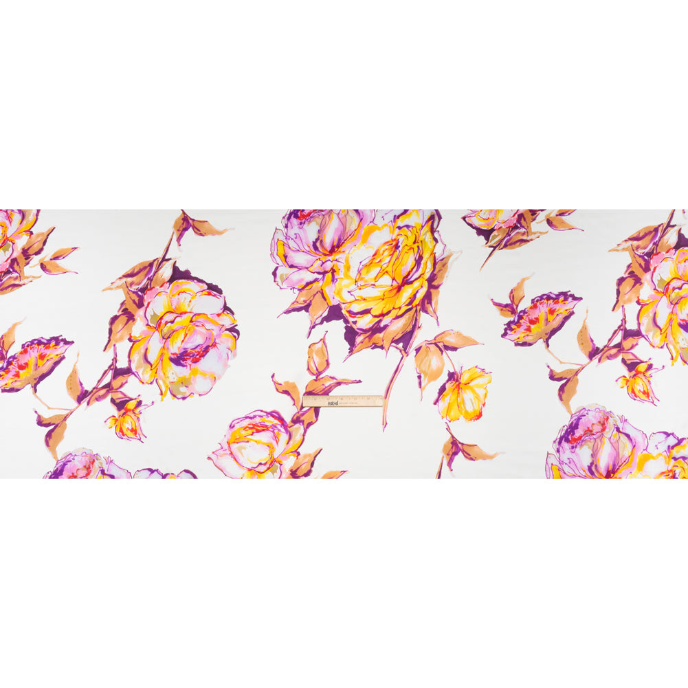 Silk Charmeuse Print 16MM, Made in Italy - Purple, Yellow and Beige Rose Garden Sketches on White - Full