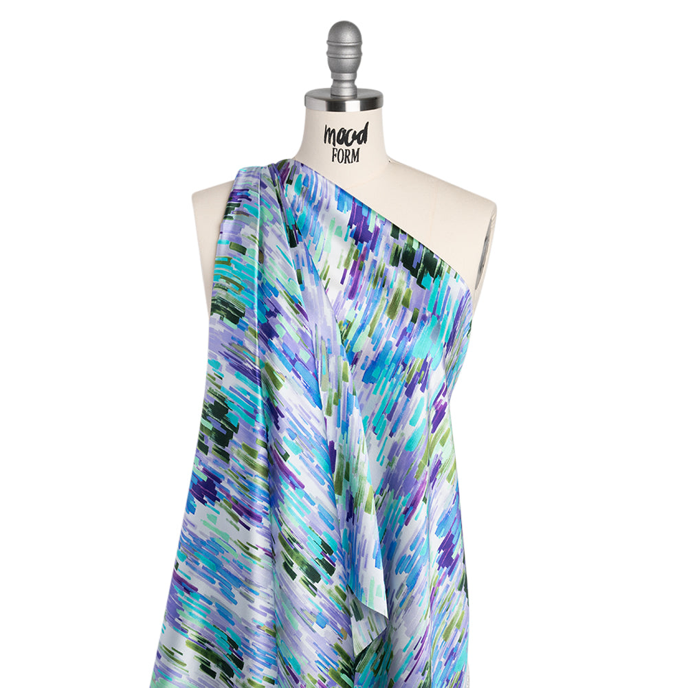 Silk Charmeuse Print 16MM, Made in Italy - Lavender, Blue and Green Painted Striations - Drape