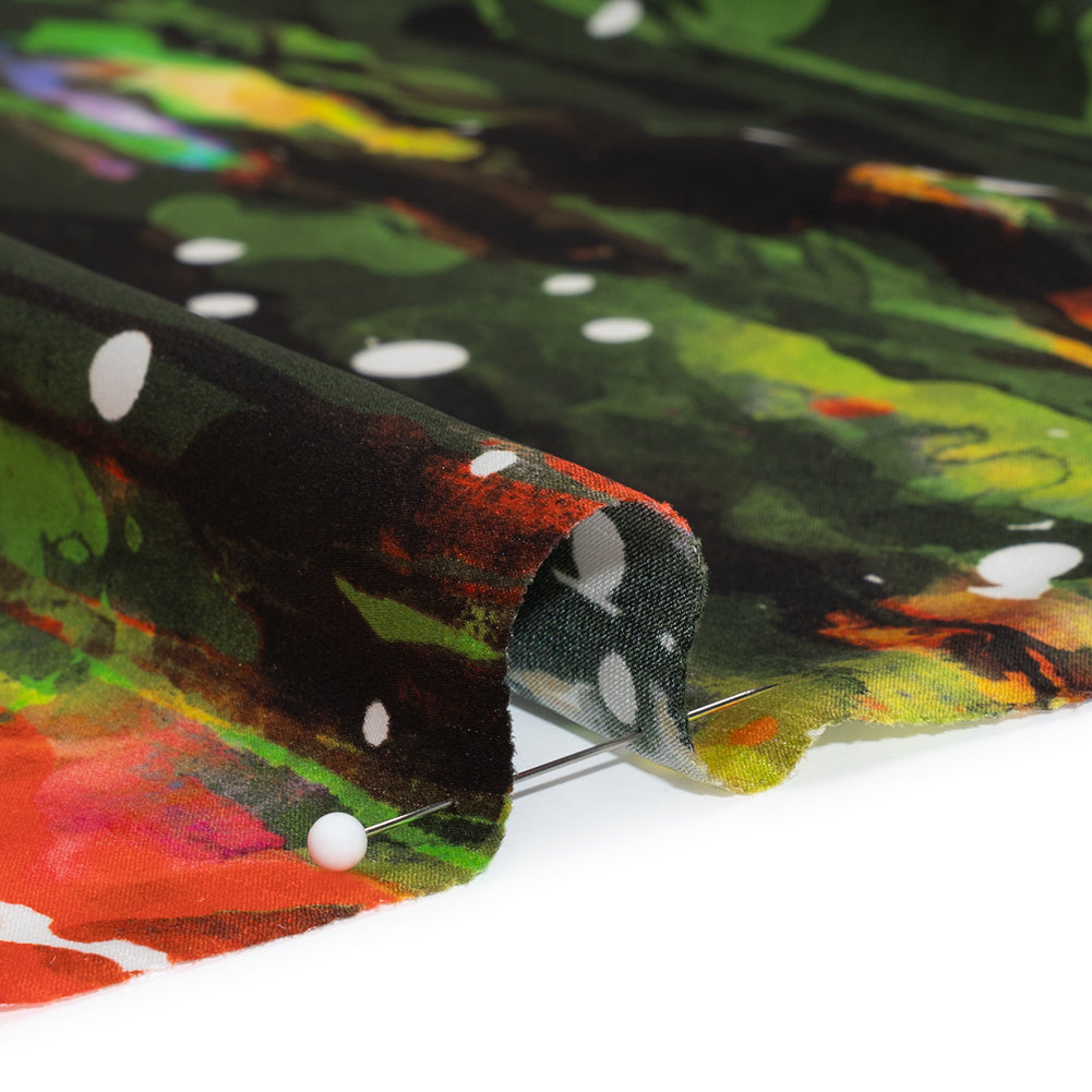 Silk Charmeuse Panel 16MM, Made in Italy - Olive Green, Red and Yellow Streaks and Spots - Detail