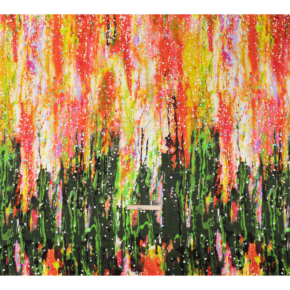 Silk Charmeuse Panel 16MM, Made in Italy - Olive Green, Red and Yellow Streaks and Spots - Full