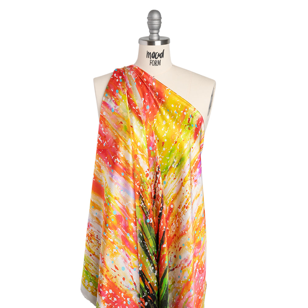 Silk Charmeuse Panel 16MM, Made in Italy - Olive Green, Red and Yellow Streaks and Spots - Drape