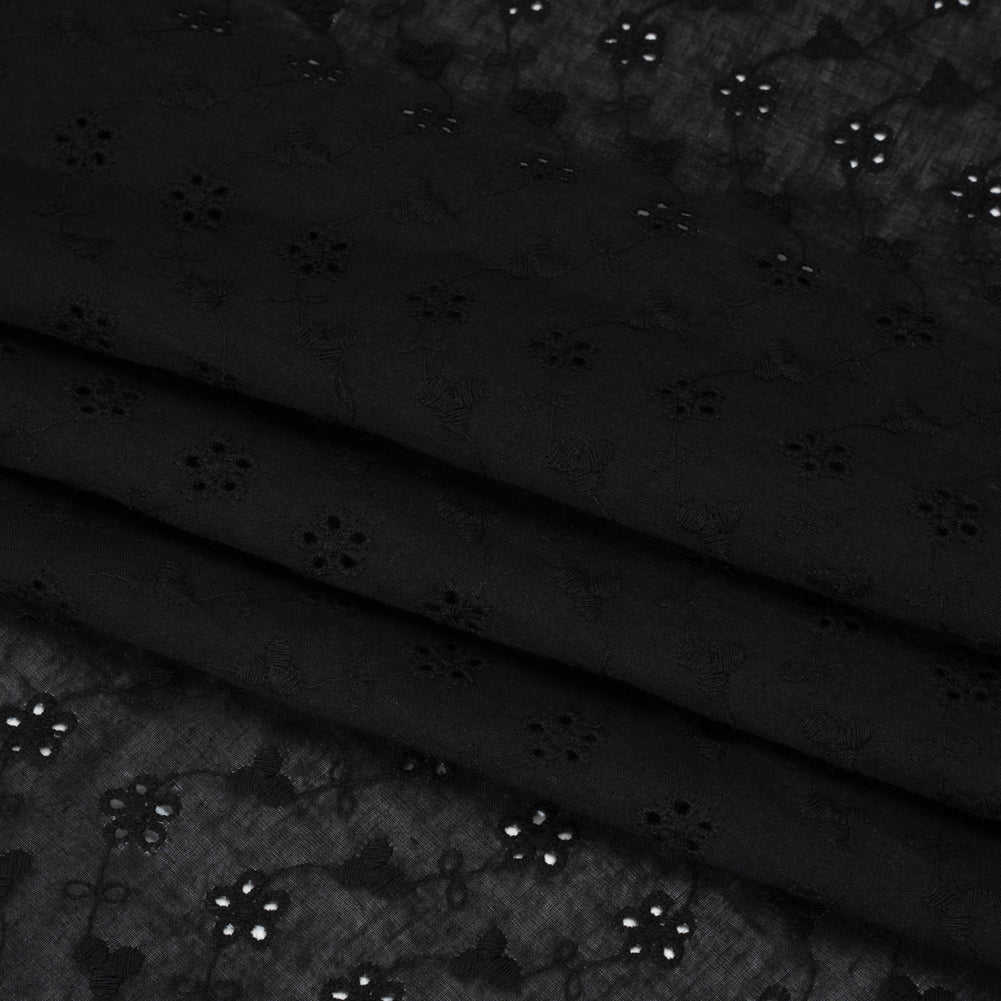 Embroidered Eyelet Cotton Voile - Black Flower Vine - Naomi Collection - Folded