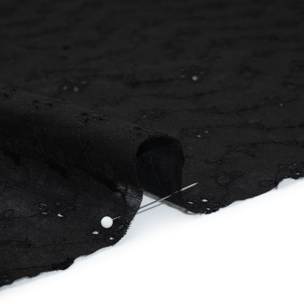 Embroidered Eyelet Cotton Voile - Black Flower Vine - Naomi Collection - Detail