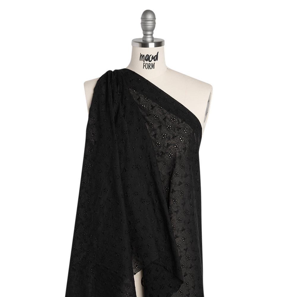 Embroidered Eyelet Cotton Voile - Black Flower Vine - Naomi Collection - Drape