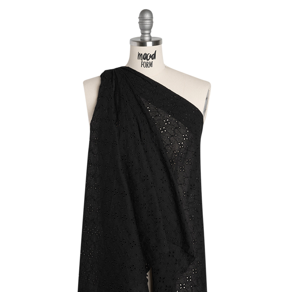 Embroidered Eyelet Cotton Voile - Black Floral Zig Zags and Stripes - Naomi Collection