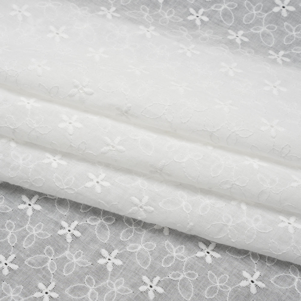 Embroidered Eyelet Cotton Voile - White Daisies and Leaves - Naomi Collection