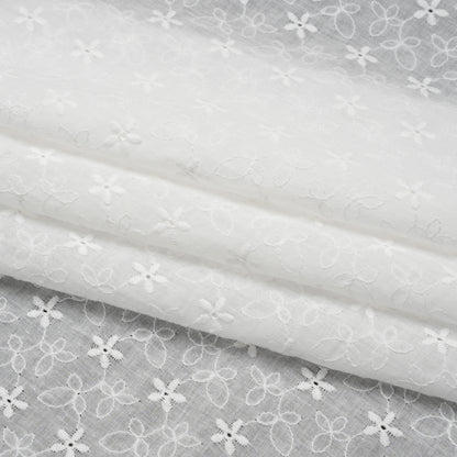 Embroidered Eyelet Cotton Voile - White Daisies and Leaves - Naomi Collection